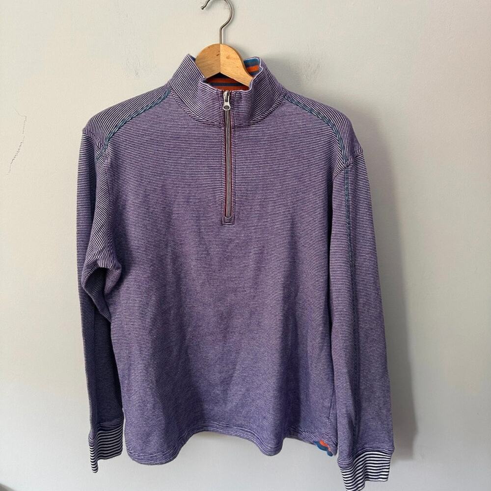 Robert Graham 1/4 Zip Mens Large Purple Striped Pullover Mock Neck Preppy Golf
